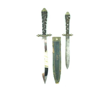 A brace of Bowie knives by Hill of Sheffield, the first with 20cm flattened diamond section leaf-shaped blade retaining virtu