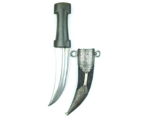 A horn hilted Jambiya, 18cm sharply curved blade with raised medial ridge, contained in its velvet wrapped wooden scabbard wi