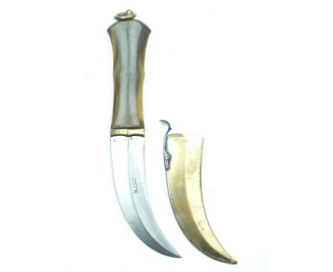A hunting or skinning knife of Jambiya form, 13.5cm sharply curved blade stamped M.I. Ltd, polished horn grip with brass moun