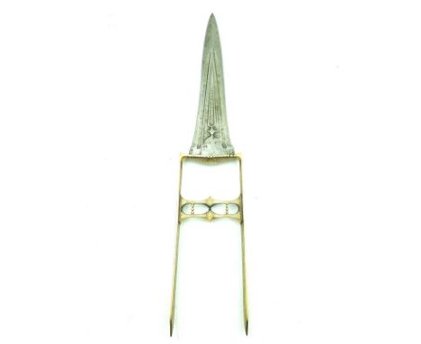 A good 19th Century gold damascene hilted Katar, 22.5cm 18th Century fullered blade with swollen armour piercing tip, charact