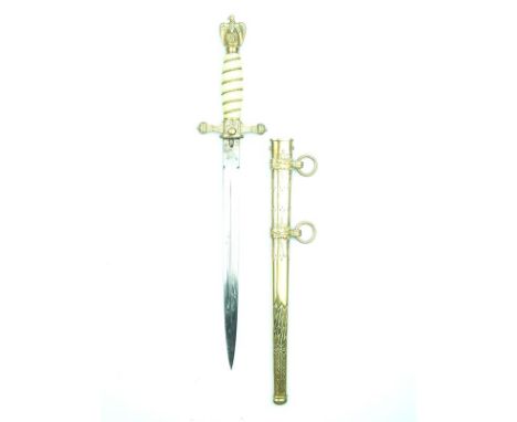 A Third Reich Kriegsmarine Officer's Dagger, 25cm double fullered flattened diamond section plain blade, regulation brass hil