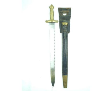 A 19th Century Swiss Pioneer's Sidearm, 52cm saw backed blade by ALEX COPPEL, regulation brass hilt with ribbed grip, contain