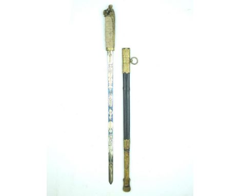 An Ecuadorian Naval Officer's dirk, 41cm flattened diamond section blade with central fuller and blued and gilt decoration by