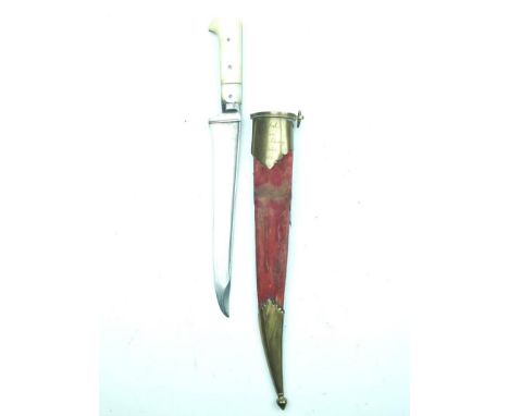 A mother-o'-pearl handled Pesh Kabz with provenance, 17.5cm T-section blade with clipped back point, triple riveted mother-o'