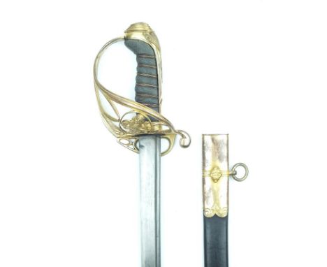 A George IV 1822 Pattern East India Company Officer's sword, 82cm pipe-backed blade with spear point and traces of two etched