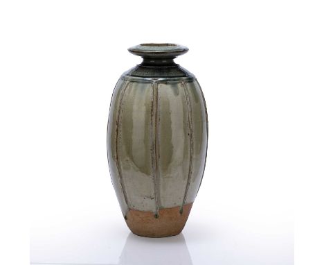 Richard Batterham (1936-2021) tall studio pottery vase, ash glaze, 41cm high overallCrazing to the glaze, minimal glaze fault