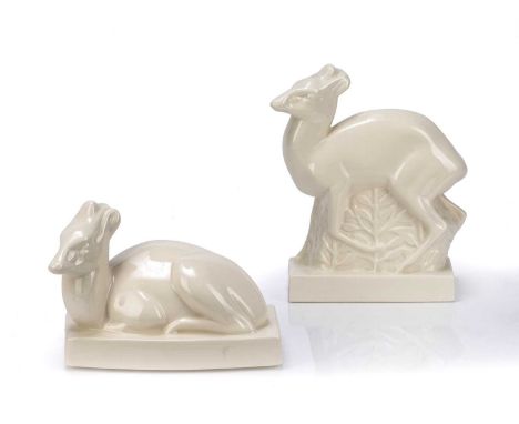 John Skeaping (1901-1980) for Wedgwood two moonstone glaze ceramic figures of a standing and recumbent deer, both marked to t