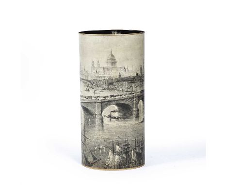 In the manner of Piero Fornasetti (1913-1988) Umbrella/stick stand, decorated with scene of London, drip tray to the interior