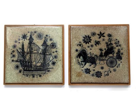 Konrad Galaaen (1923-2004) for Porsgrund of Norway Two ceramic tiles in wooden frames, stamped to the reverse, dated 1964, 21