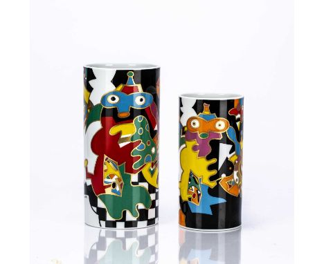 Otmar Alt (b.1940) for Rosenthaltwo cylindrical patterned vases, ceramic, printed marks to the base, 22.5cm and 18.5cm high o