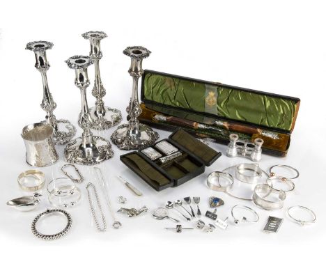 Collection of silver and silver plate comprising of: including four silver plated candlesticks by the Hardy Brothers (Austral