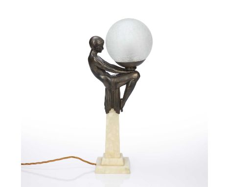 Art Deco lamp, decorated with a spelter female on an onyx column base, with cracklure glass shade, unmarked, 48.5cm high over