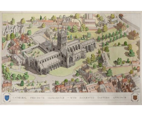 Anthony Ault (1937-2000) 'Cathedral Precinct, Gloucester - With suggested Eastern Approach', architectural watercolour and pe