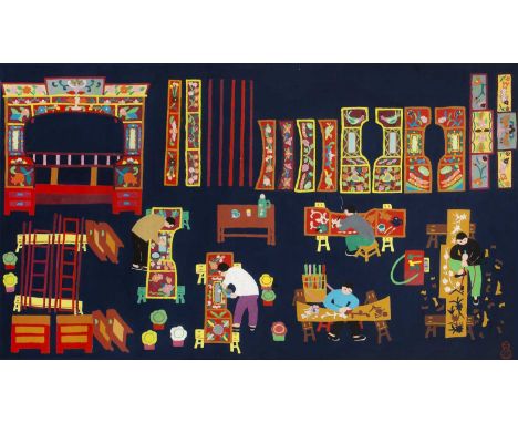 20th Century Chinese School'The Carpenters Workshop', painting on paper, signature/seal mark lower right, 38cm x 66cmOverall 