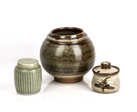 Attributed to David Leach (1911-2005) at Lowerdown pottery globular pot, with impressed mark to the base, 16cm high, a green 