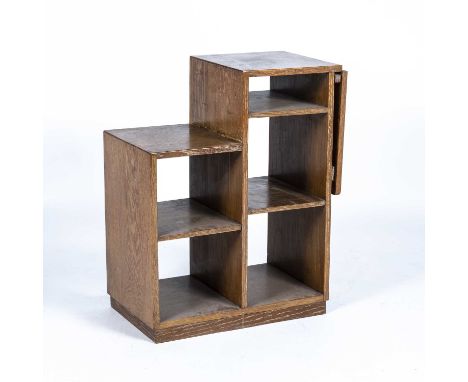 Heals style limed oak, shelf with drop flap leaf to one side, unmarked, 66cm high x 30cm deep x 54.5cm with the flap down, 85