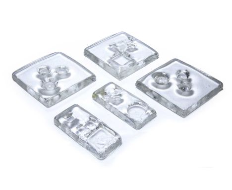 Geoffrey Baxter (1922-1995) for Whitefriars five architectural clear glass blocks, unsigned, three larger examples 18cm x 18c