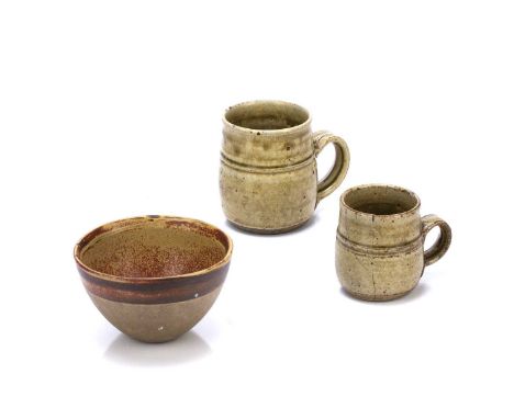 Richard Batterham (1936-2021) two ash glazed mugs, unmarked, 10cm high and 8cm high and a Robin Welch (1936-2019) bowl, with 