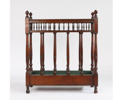 Victorian mahogany stick stand, with turned corner terminals and spindle turned gallery, raised on reeded turned supports, th