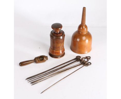Collection of treen objects to include beechwood funnel, spice grinder, nut cracker, set of metal skewers (4)

Jentel COLLECT