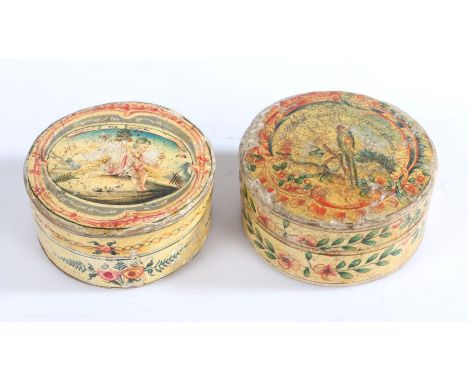 Two George III vellum and orange peel lined snuff boxes, the first with central polychrome depiction of a parrot on a blossom