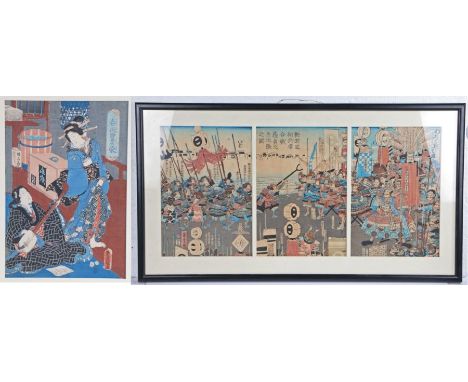 Japanese triptych print depicting a battle scene, housed in a glazed ebonised frame, 85.5cm x 47cm, Japanese print depicting 
