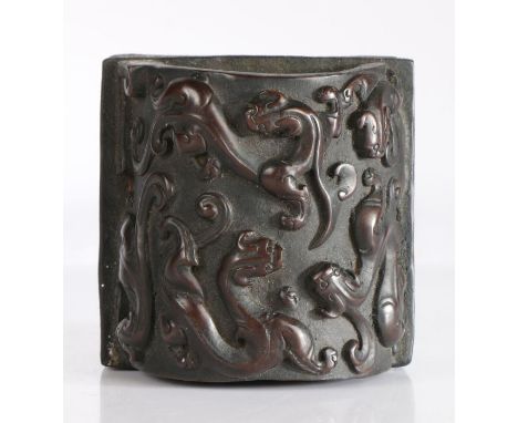 20th Century Chinese cast metal seal, the pierced arched handle cast with six dragons, the base with six character marks, 10c