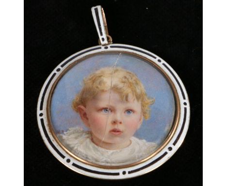 Victorian miniature portrait pendant, of a child with a blue background, set to an enamel and yellow metal pendant dated 1898