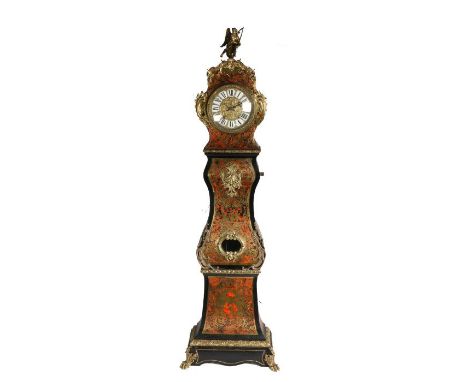 French Boulle work longcase clock, cartouche shaped top with Cronus sat on globular finial, circular gilt dial decorated with