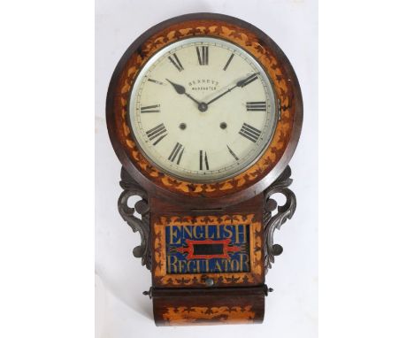19th Century American drop dial wall clock, the white dial with Roman numerals and inscribed "Bennett Warranted", the glazed 