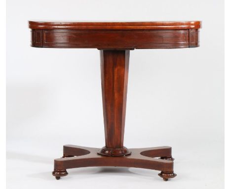 William IV mahogany card table, the rotating D shaped top opening to reveal a green baize lined interior, above a tapering oc