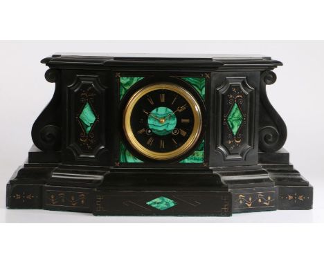Large Victorian black slate and malachite mantle clock, with a slate and malachite dial set with Roman numerals together with