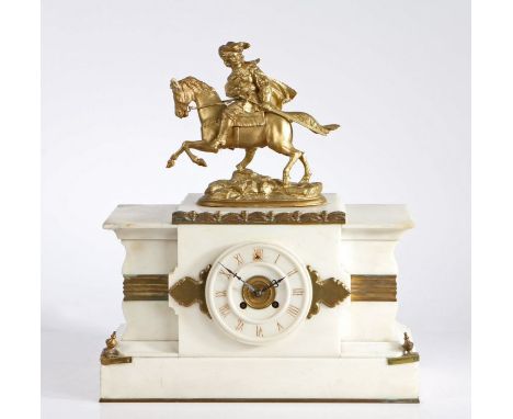 Edwardian white marble mantle clock, the pediment with gilt cast metal figure of a cavalier on horseback, the architectural w