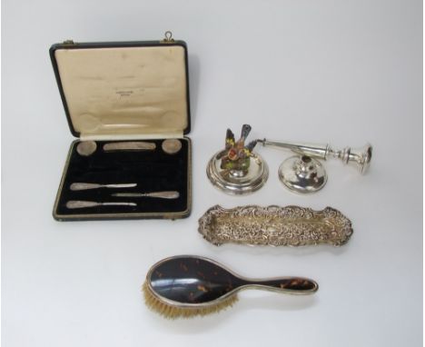 Mixed collection of silver items to include ashtray mounted by a porcelain goldfinch, Mappin and Webb pin tray, tortoiseshell