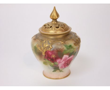 A Royal Worcester pot pourri vase and cover with painted pink and red rose decoration and with moulded gilt strapwork style d