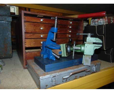 Two hardwood tool chests with shallow graduated drawers containing an unsorted miscellaneous collection of good quality engin