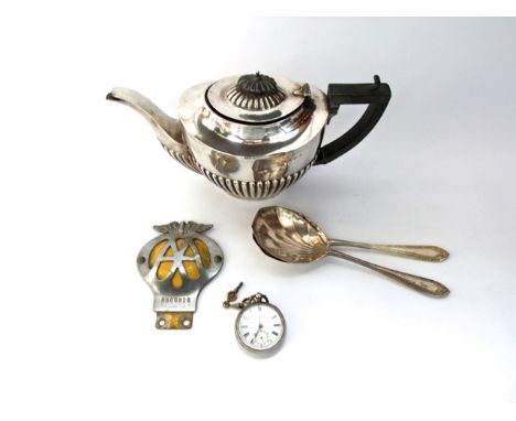 Edwardian silver half fluted teapot, maker John Rose, Birmingham 1909, 17 oz approx; together with a sterling silver key woun