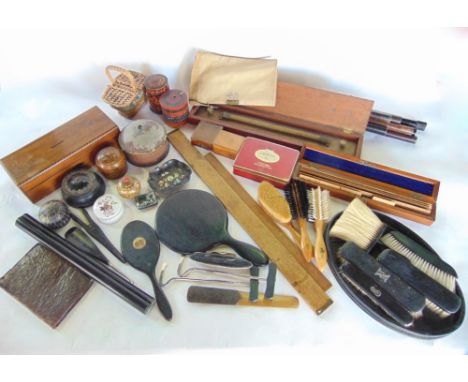 A collection of vintage measuring equipment to include antique rulers etc, together with a collection of various trinket boxe