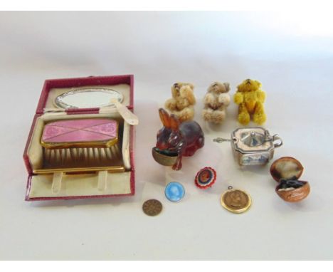 A box of interesting bijouterie items to include three miniature mohair teddy bears with articulated limbs, a Morroco leather
