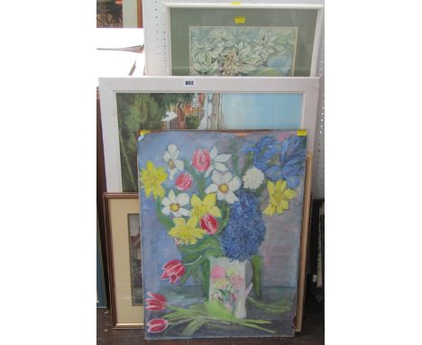 A collection of pictures and prints including an oil painting on board of a study of spring flowers, a watercolour of a Welsh