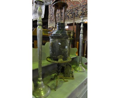 A brass companion set, a 19th century brass kettle stand with pierced top, copper jardinière, brass marine lantern, pair of t