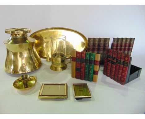 A 19th century brass lantern with storm shade complete with stuffer, an oval brass salver, further letter ware and similar CD