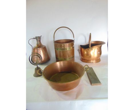 Mixed copper lot to include a brass and copper log bin, eastern coppered jug, helmet coal scuttle and jam pan and one other (