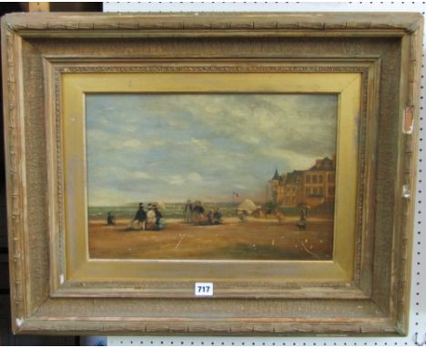 An oil painting on board in the late 19th century French manner, after Boudin, showing ladies and gentlemen promenading in a 