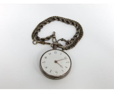 A Georgian silver key wound enamel faced pocket watch with two silver Albert chains, London 1815, movement signed W Fisher, D