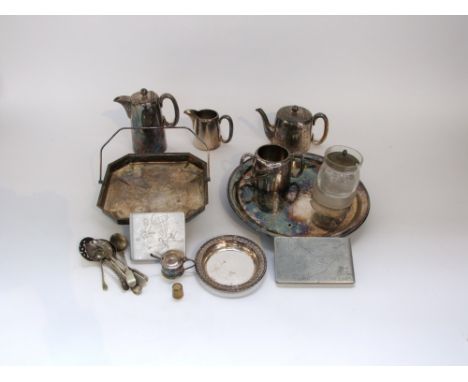 A small quantity of silver plated tea wares to include a four piece service, silver plated basket, tray and others