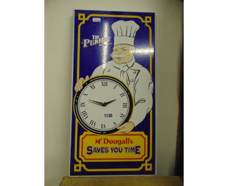 A vintage enamel wall panel incorporating a Metamec clock, McDougall's Saves You Time, 52cm tall