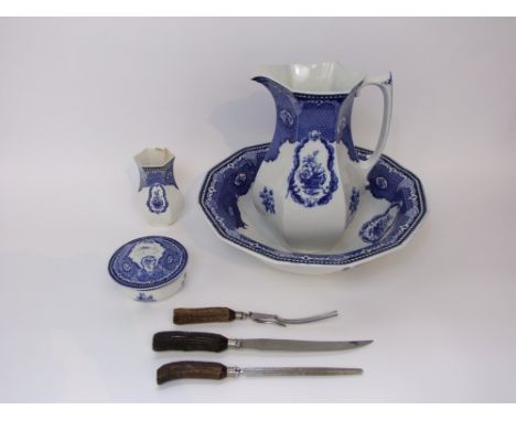 A early 20th century Corona ware Windsor pattern blue and white printed jug and basin together with matching sponge bowl and 
