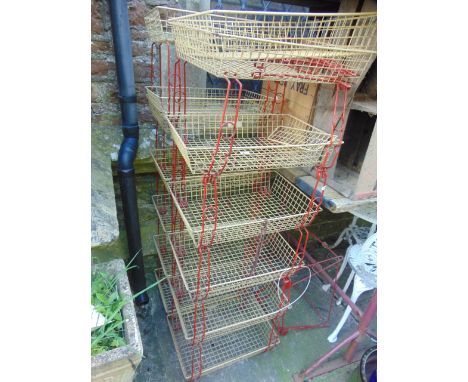 Two vintage wire work filing trays, each of six tiers, in a cream and red colourway and a further graduated three tier framew