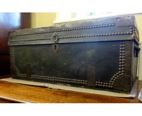 A good Georgian camphorwood travelling trunk with green leather panels and original brass stud and banded borders, marked Ash